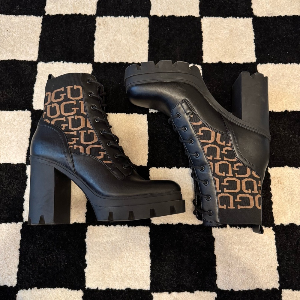 Guess Women’s Knit / Faux Leather Black & Brown Platform Lace Up Mid Calf Boots